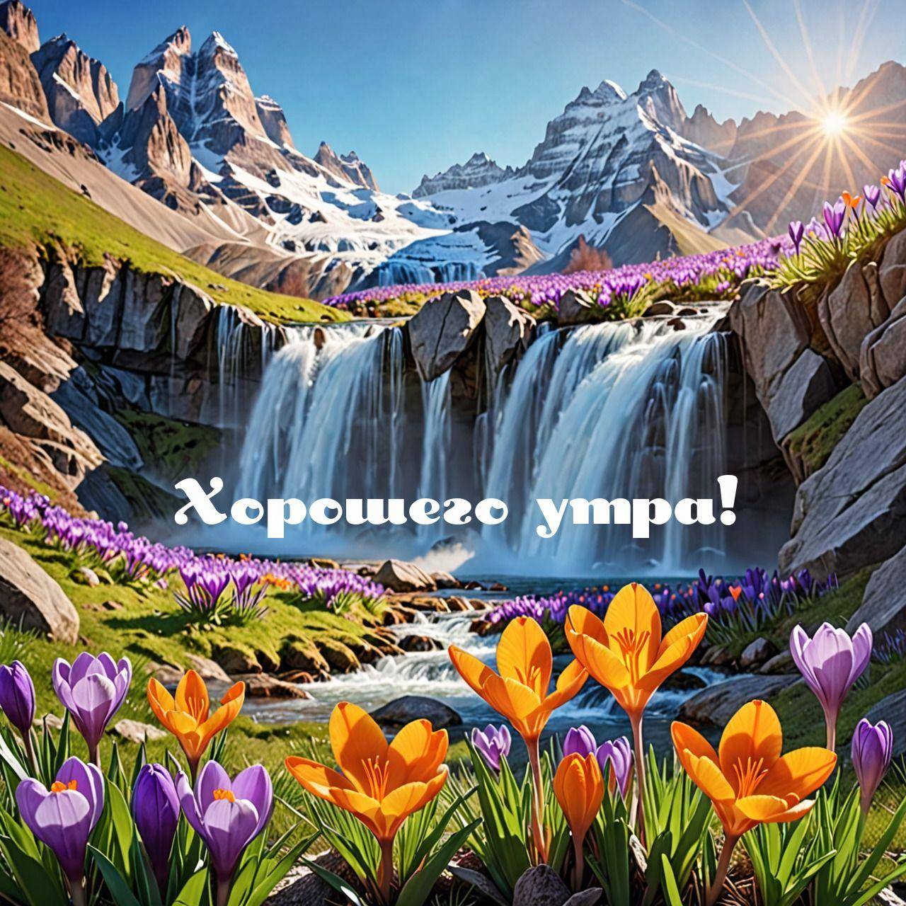 Водопад среди цветущих крокусов у подножия гор