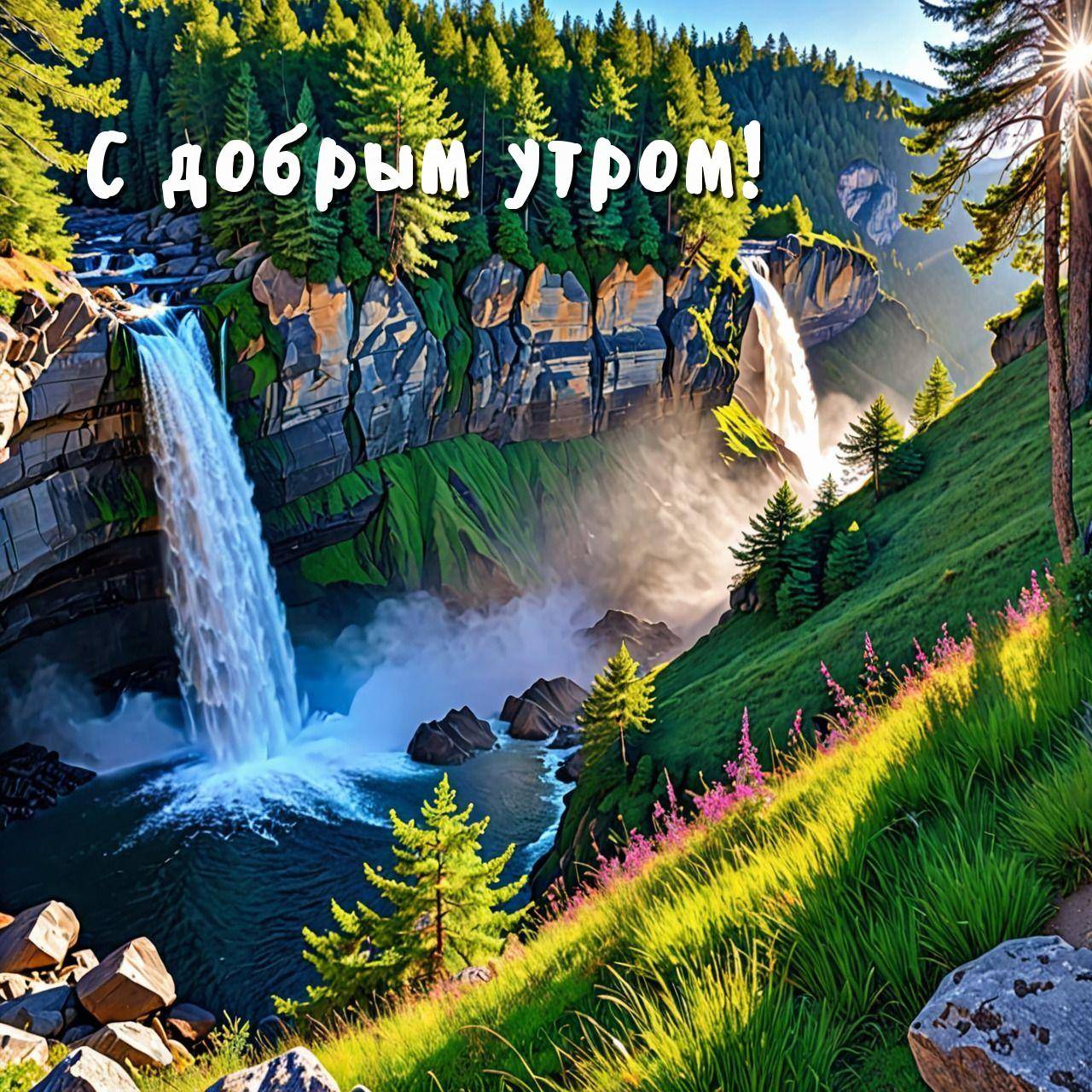 Водопад в горном ландшафте, окруженный зеленью и цветами