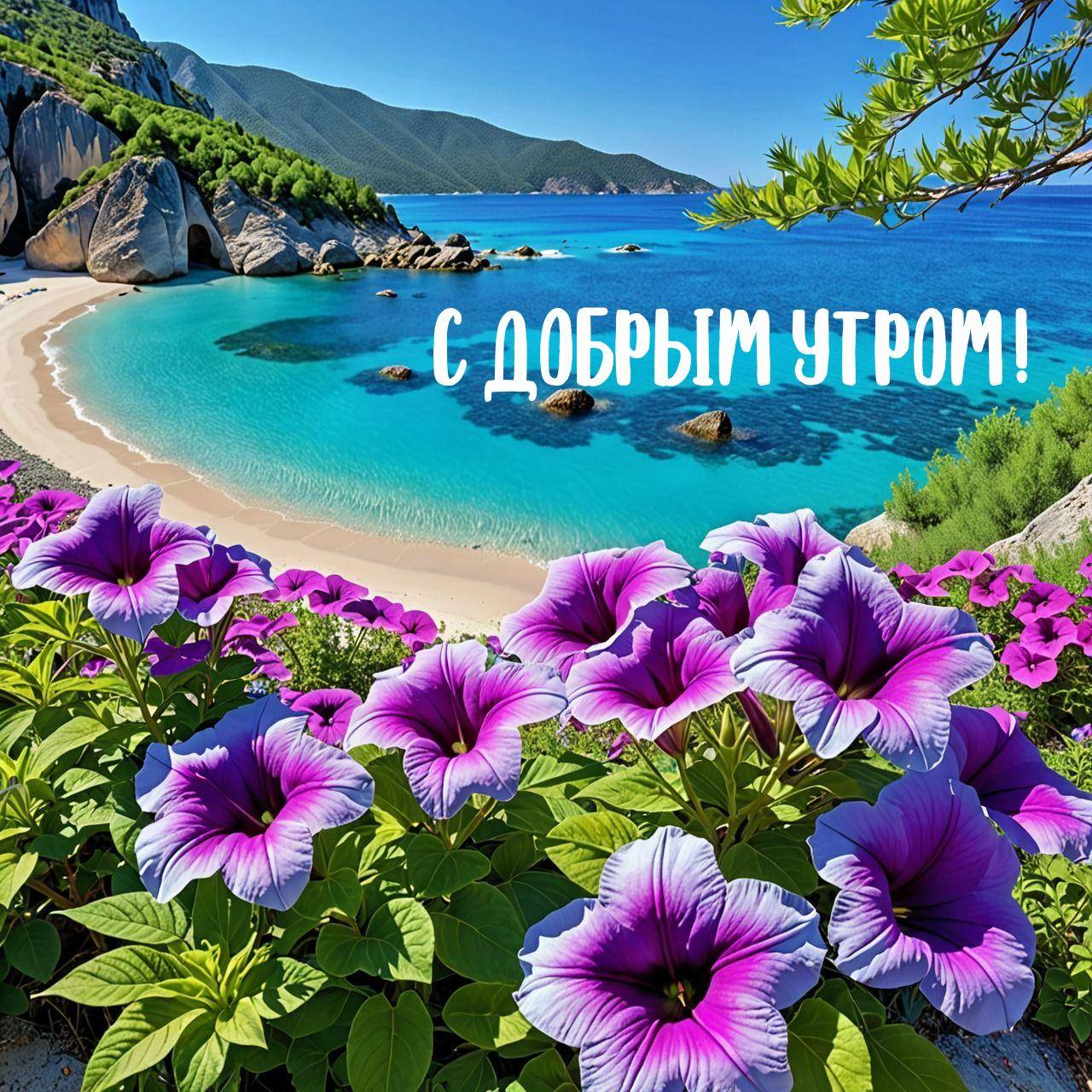Яркий пляж с бирюзовой водой и пурпурными цветами