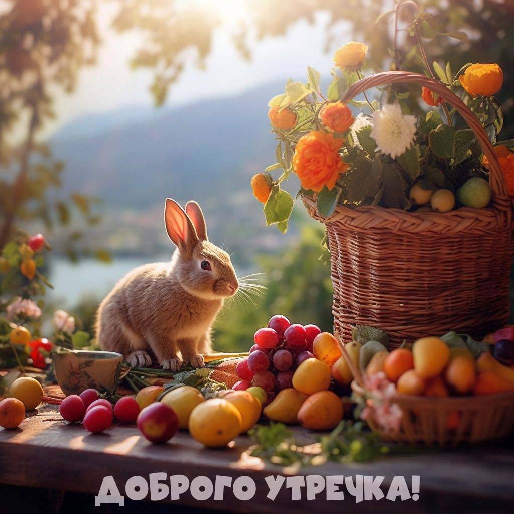 Зайчик рядом с корзиной фруктов у воды