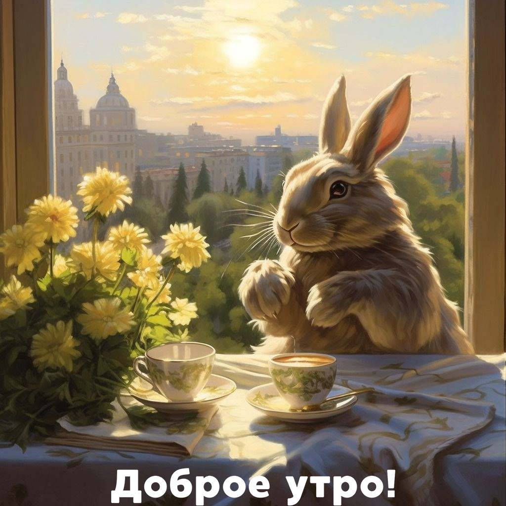 Заяц с чашкой чая у окна, желтые цветы, вид на город