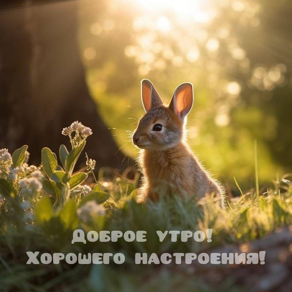 Заяц сидит в поле с растениями, мягкий свет фильтруется сквозь
