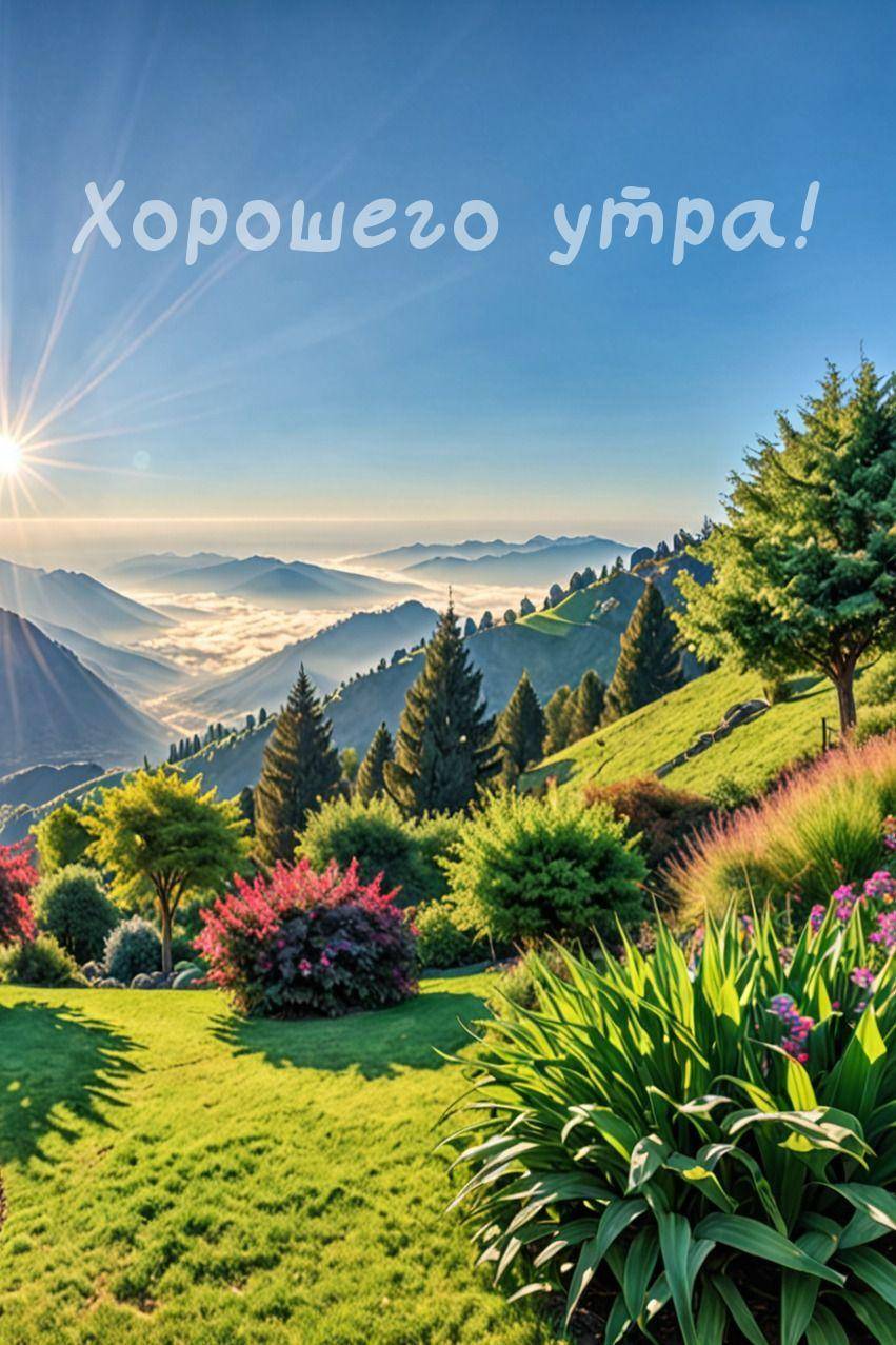 Зеленые холмы, деревья, цветы, солнечные лучи