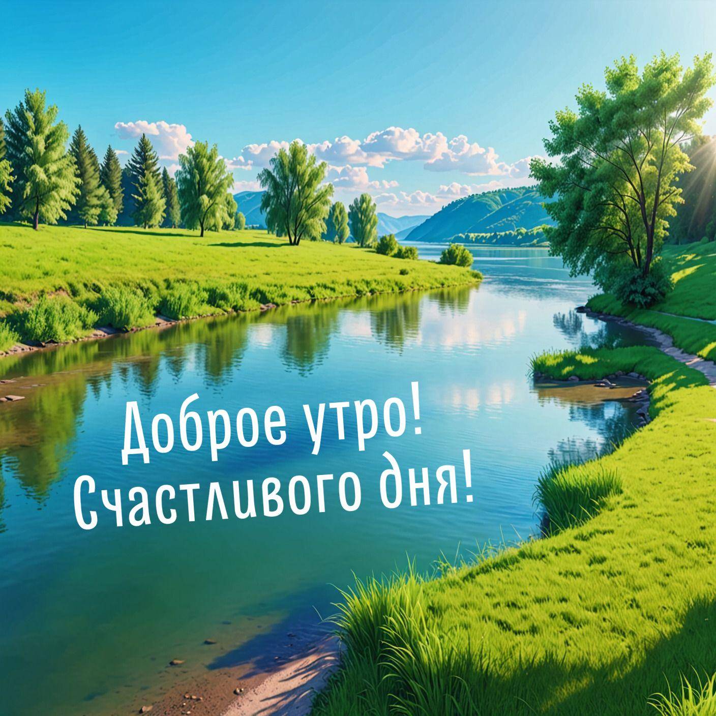 Зеленый ландшафт с рекой и деревьями