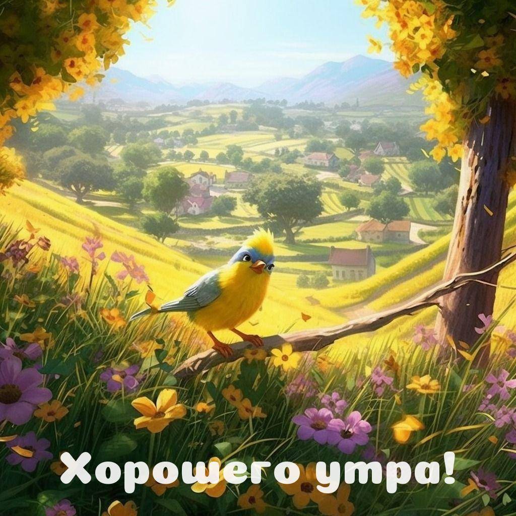 Желтая птица на ветке среди цветущей природы