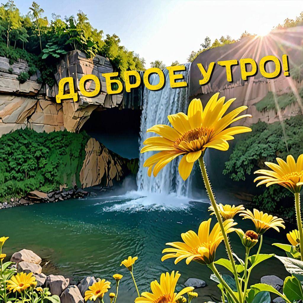 Желтые цветы на фоне водопада и солнца