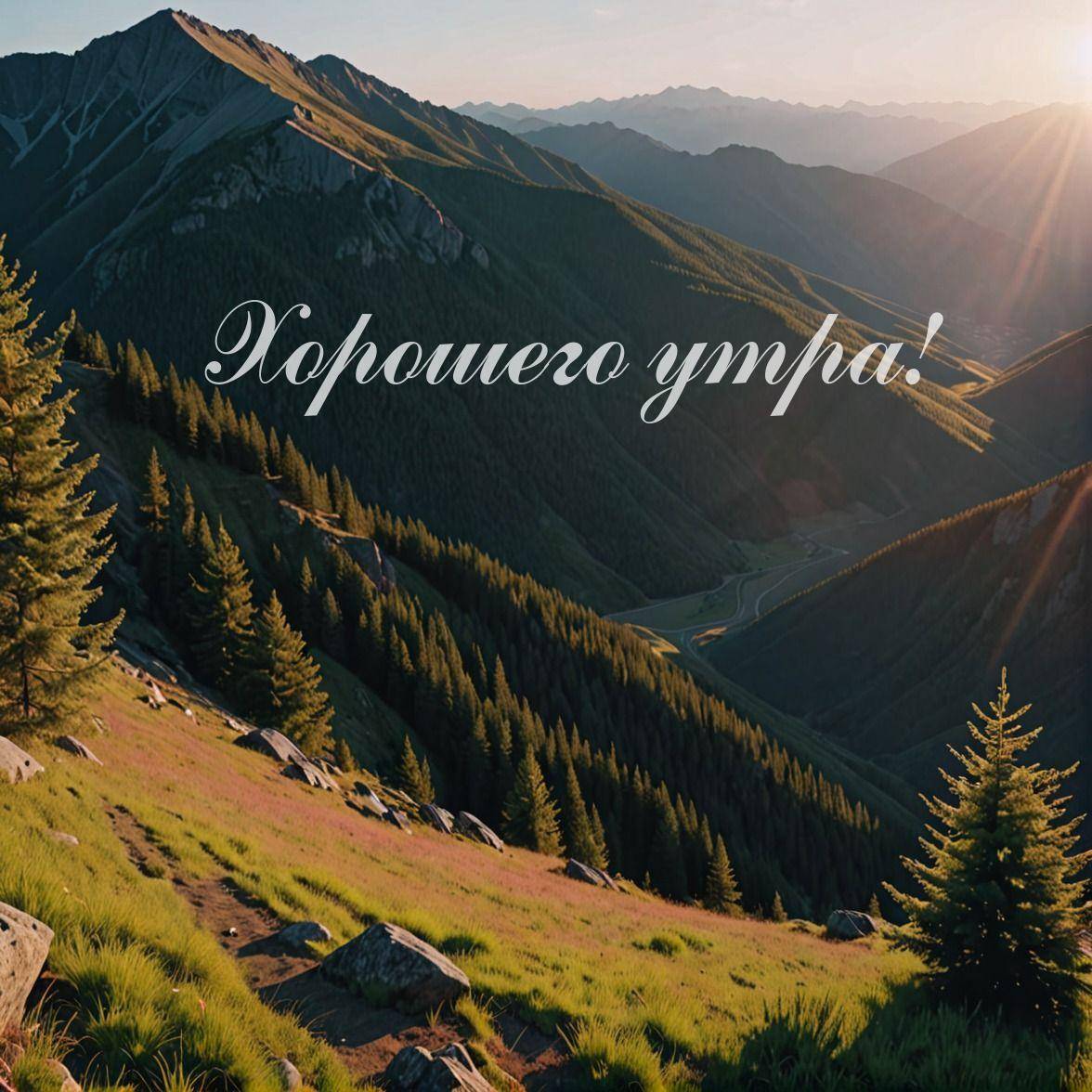 Живописный вид гор, леса и первые лучи солнца