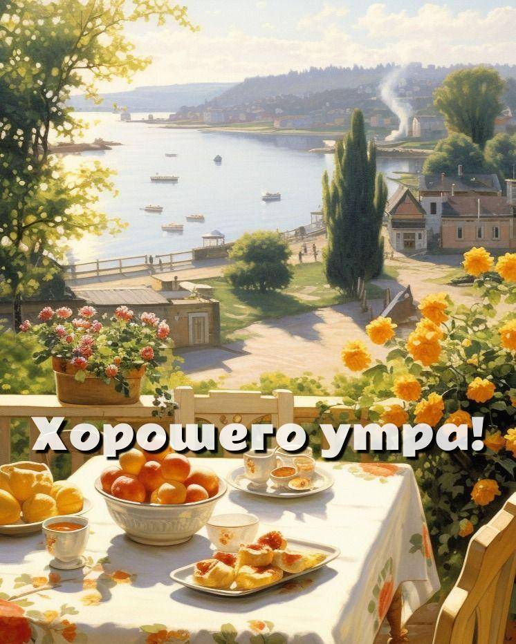 Живописный вид на реку, лодки, деревья и цветы на столе