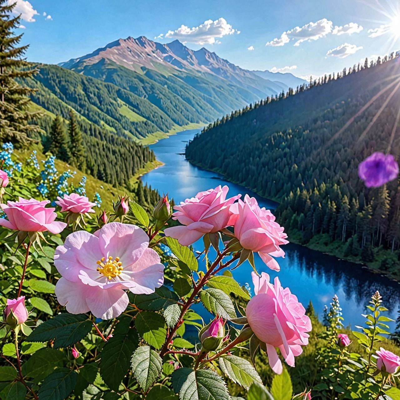 Живописный ландшафт с розовыми цветами