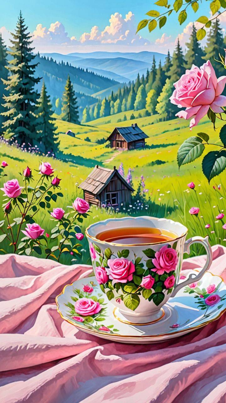 Живописный пейзаж с зелеными холмами и чашкой чая