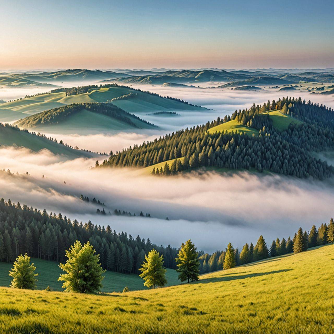 Живописный пейзаж с зелеными холмами и лесами