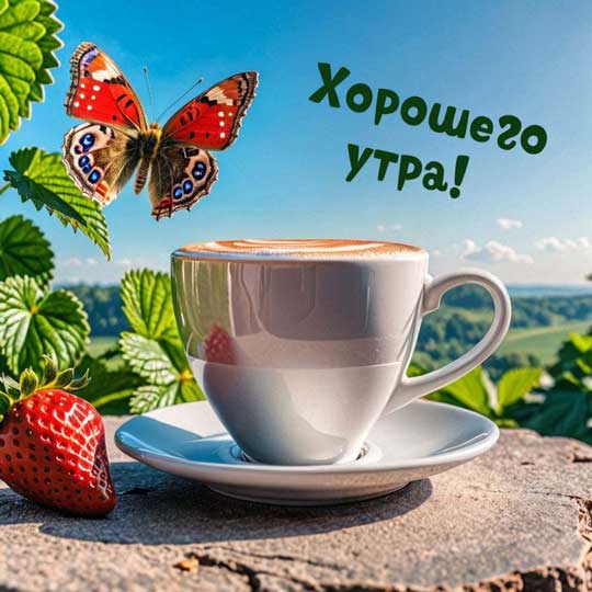 Открытка с пожеланием хорошего утра, с клубникой, чашкой кофе рядом с бабочкой, красивый вид с вершины и чистое небо