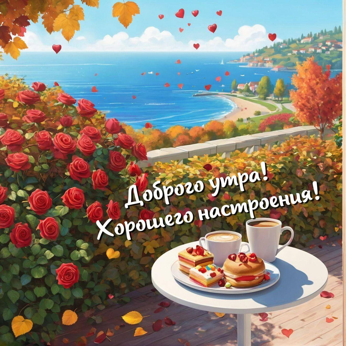 Балкон с видом на море, завтрак с кофе и пирожными, розы