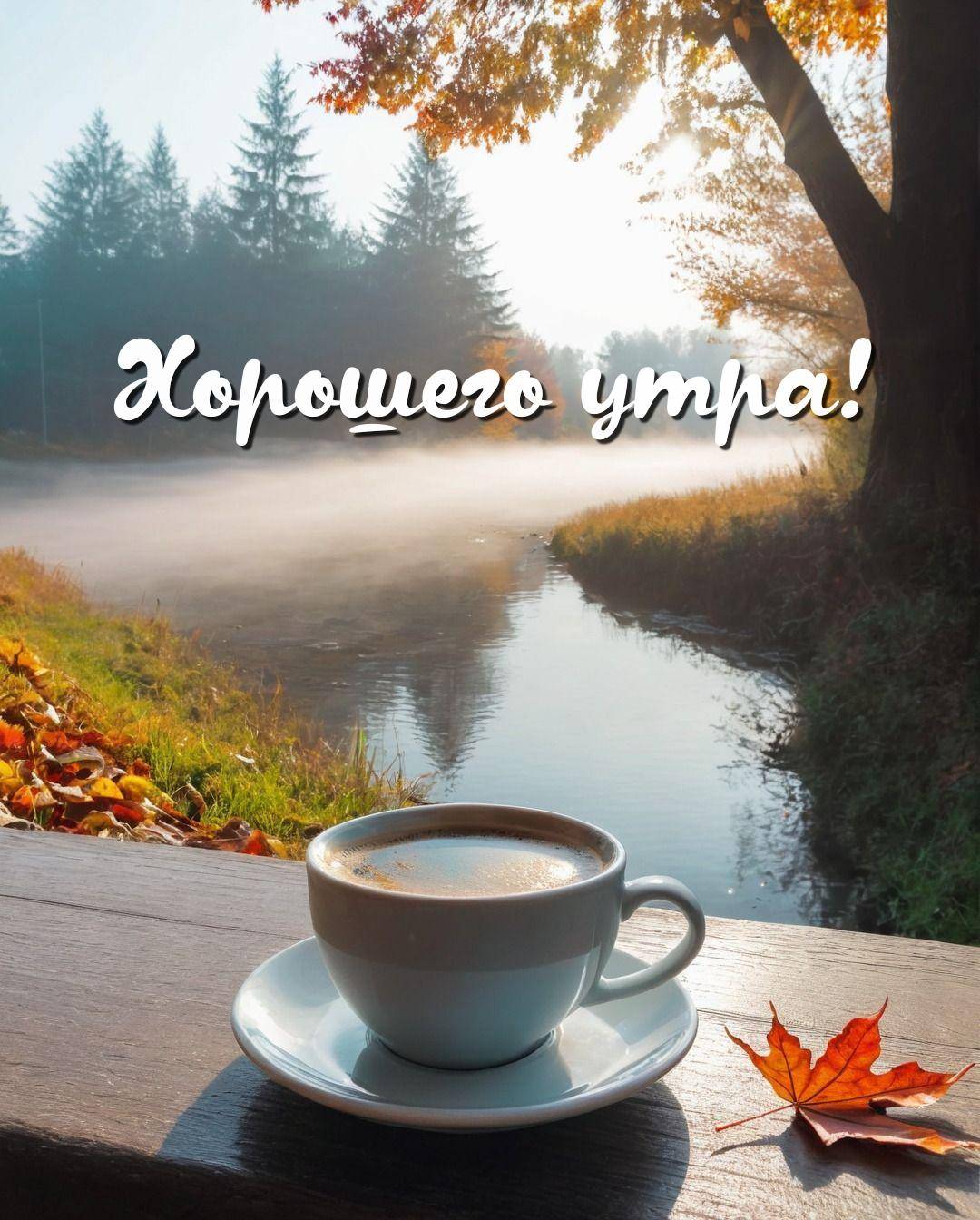 Белая чашка кофе на фоне реки и осенних деревьев