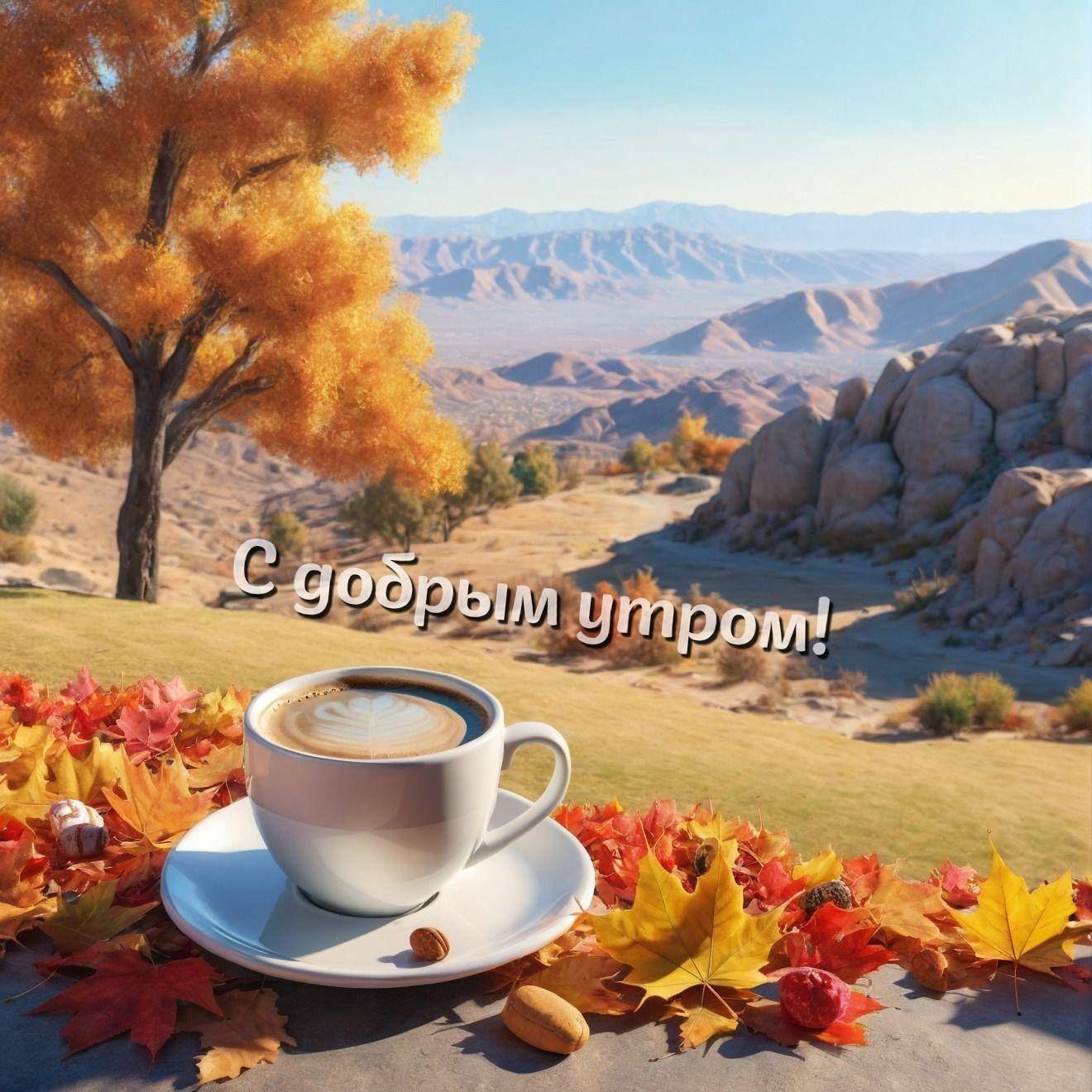 Белая чашка кофе среди осенних листьев