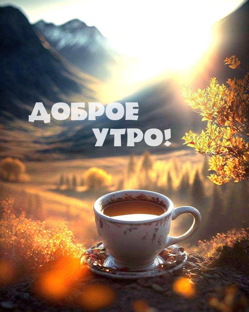Белая чашка с блюдцем на фоне гор и деревьев