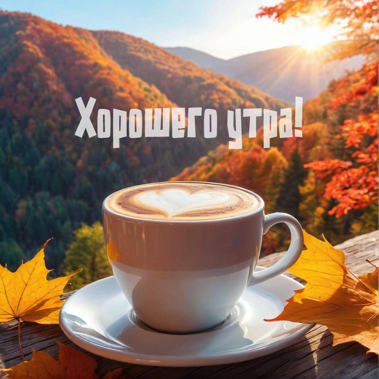 Белая чашка с кофе на фоне осеннего леса