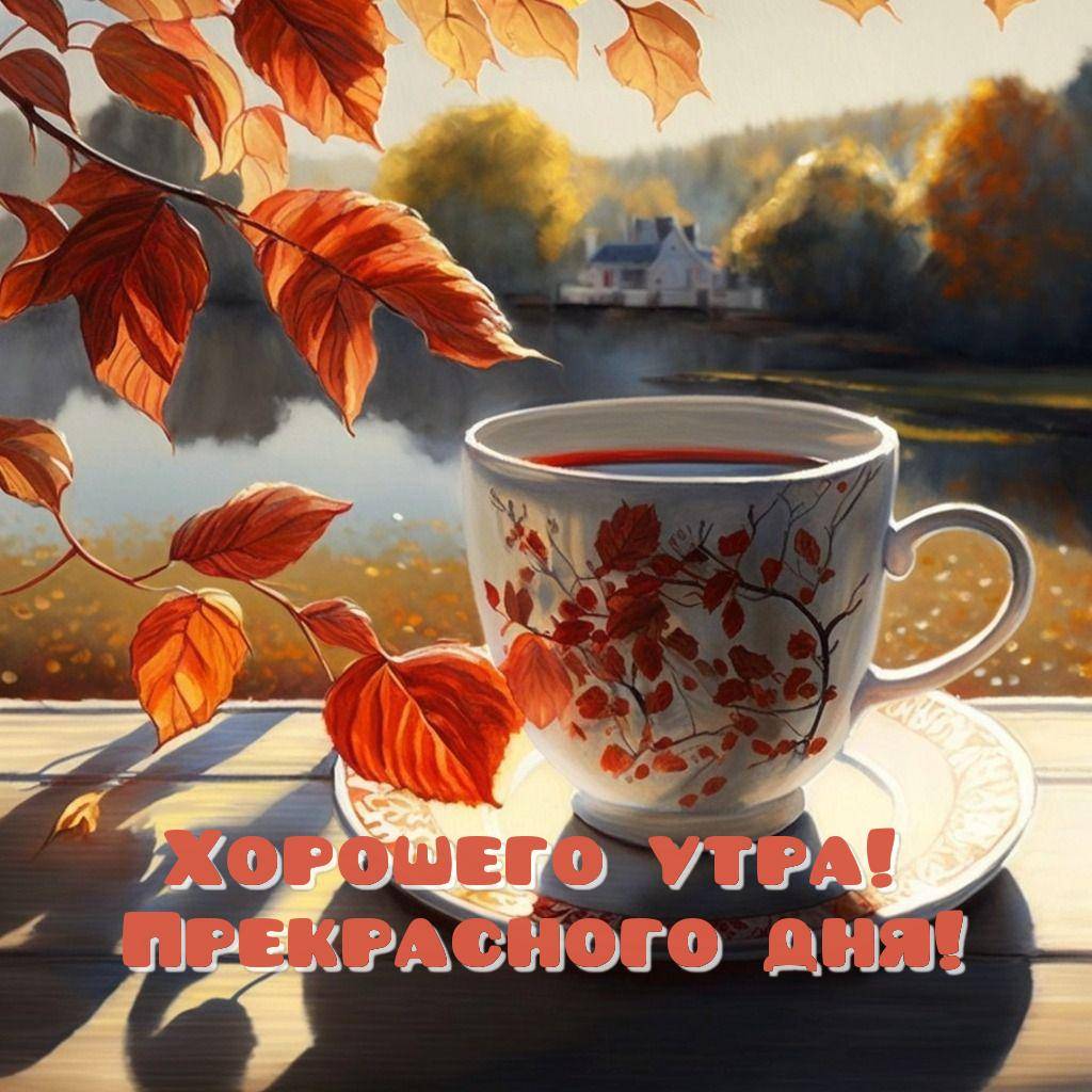 Белая чашка с узором красных листьев на блюдце