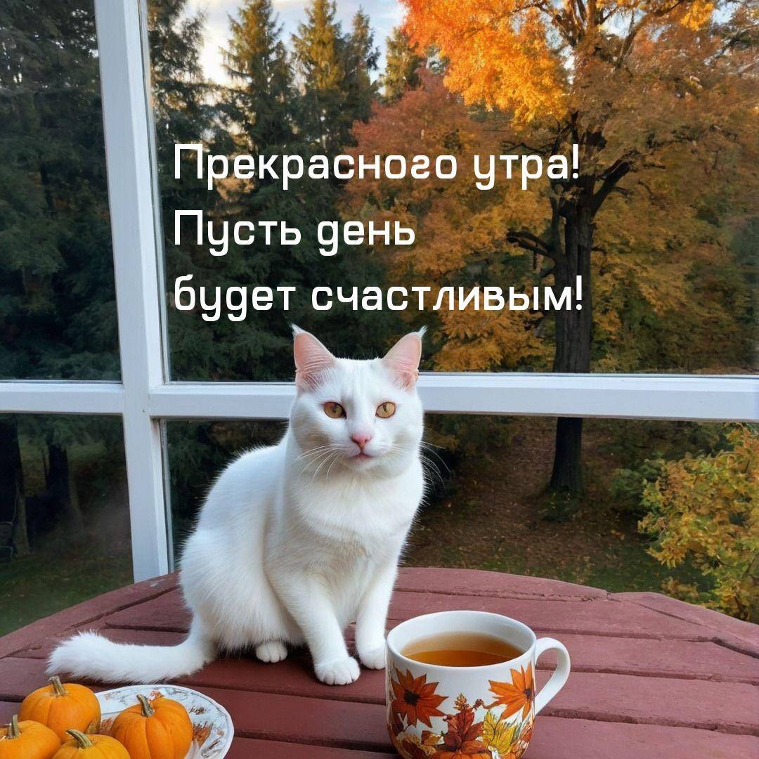 Белый кот на подоконнике, чашка чая, тыквы, осенние деревья