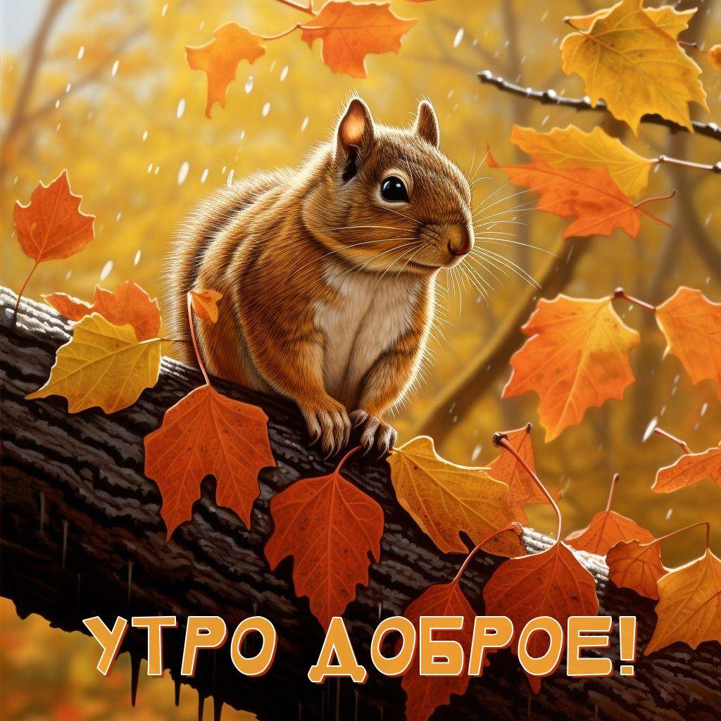 Белка на ветке дерева среди осенних листьев