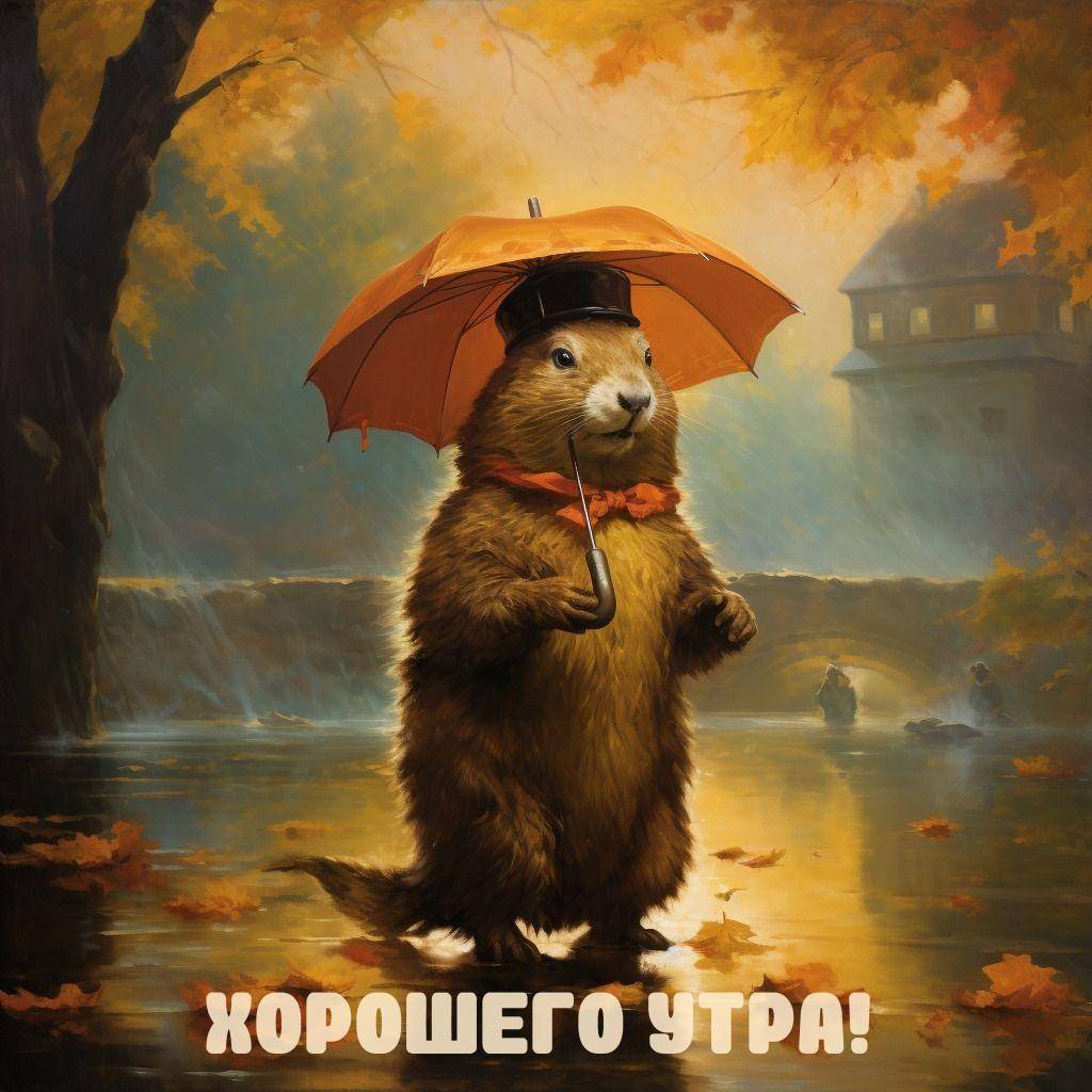 Бобер с зонтом стоит у воды осенью