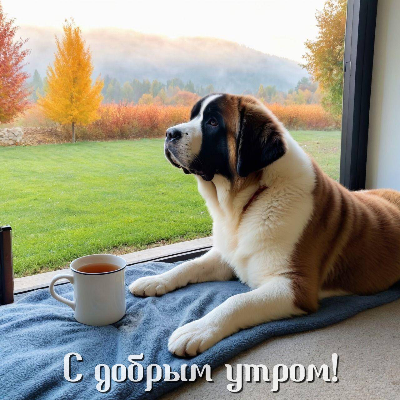 Большой пёс у стеклянной двери, вид на осенние деревья