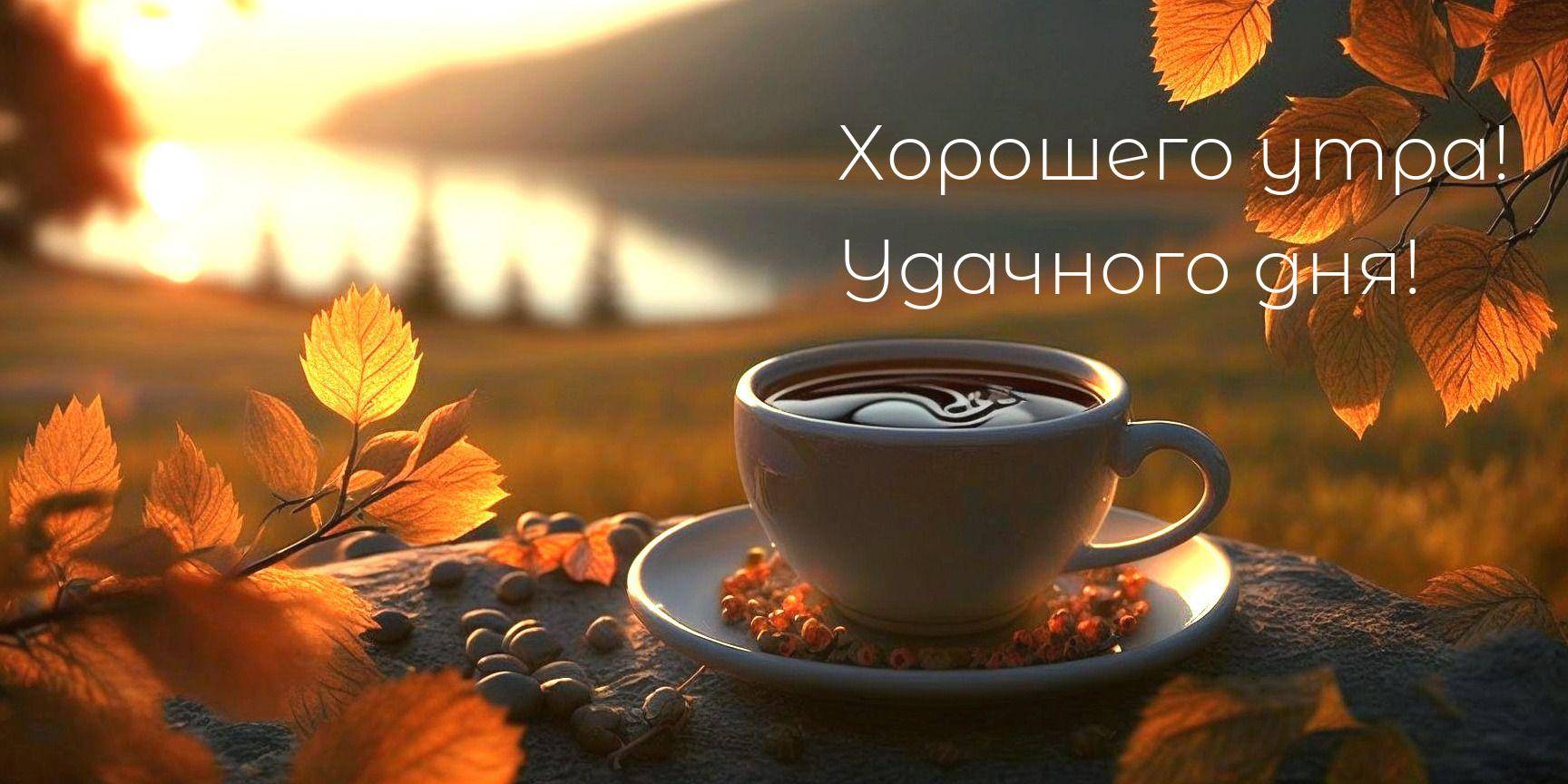 Чашка кофе на фоне рассвета и реки