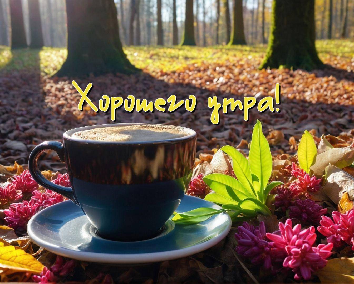 Чашка кофе на опавших листьях утром