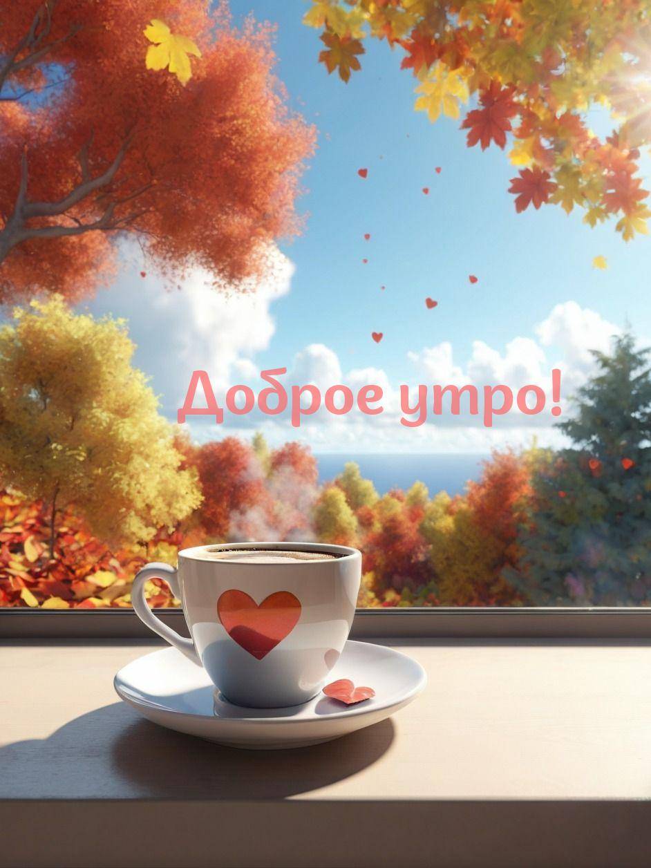 Чашка кофе на подоконнике, осенние деревья с красными листьями