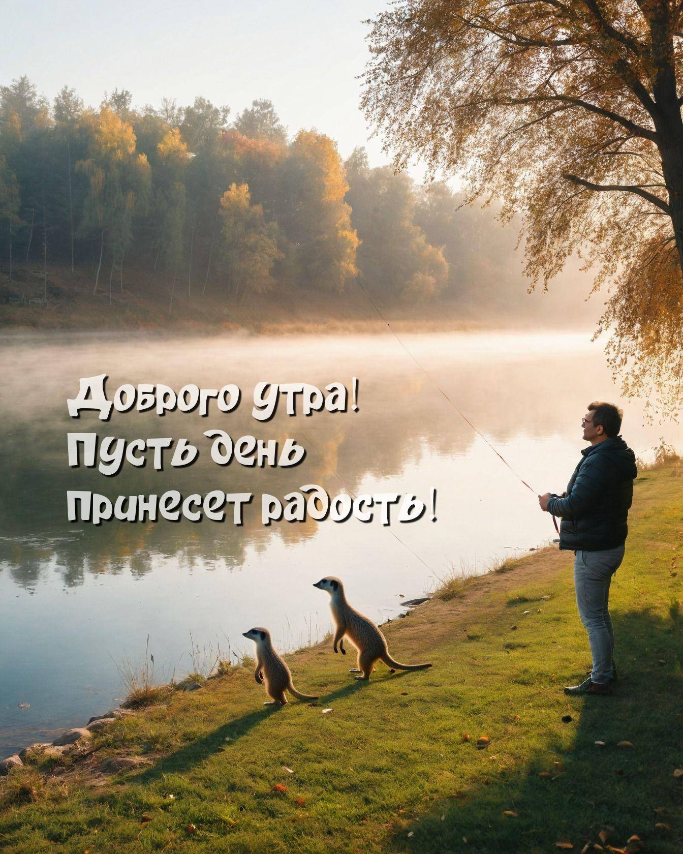 Человек с удочкой и сурикаты на реке