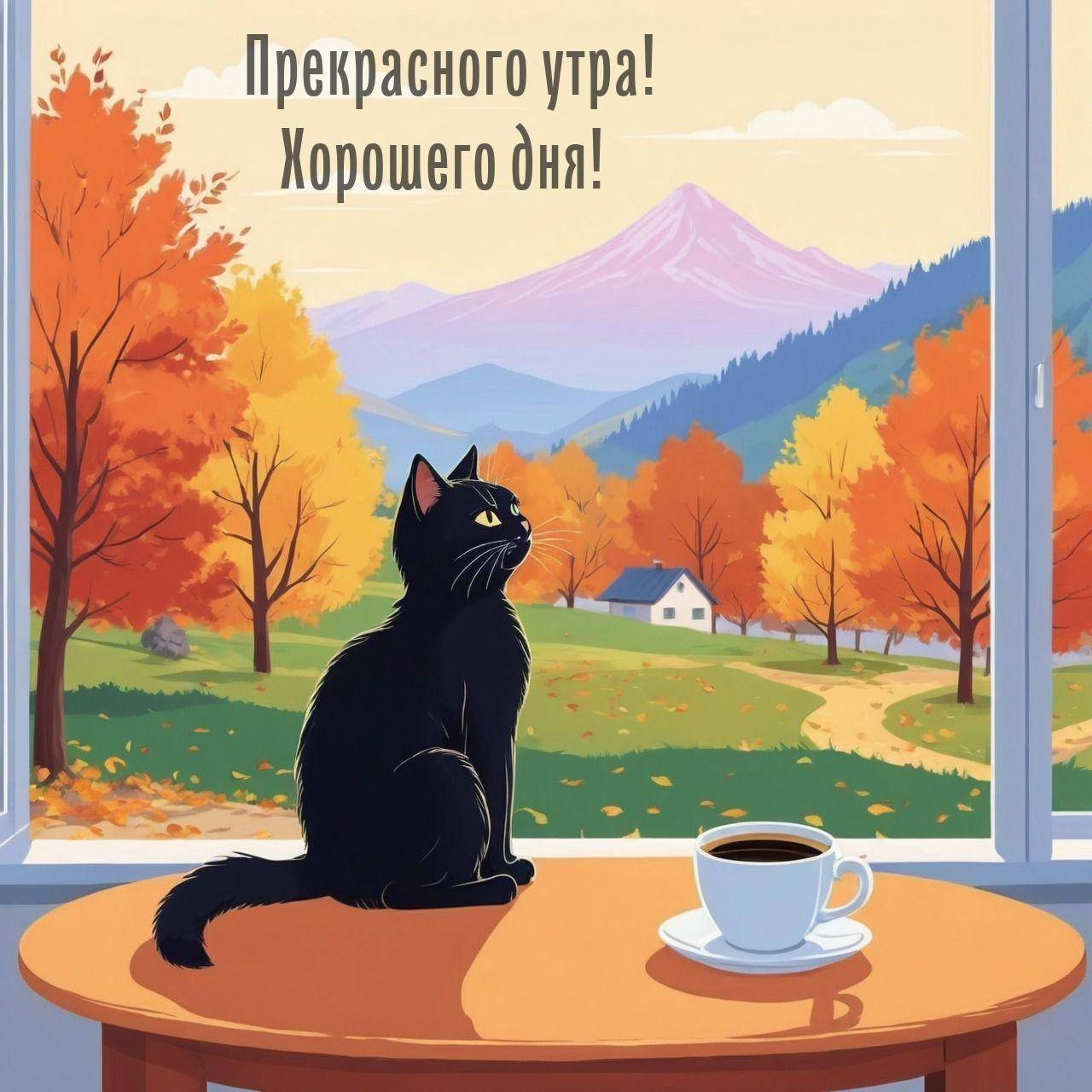 Черный кот смотрит в окно на осенний пейзаж