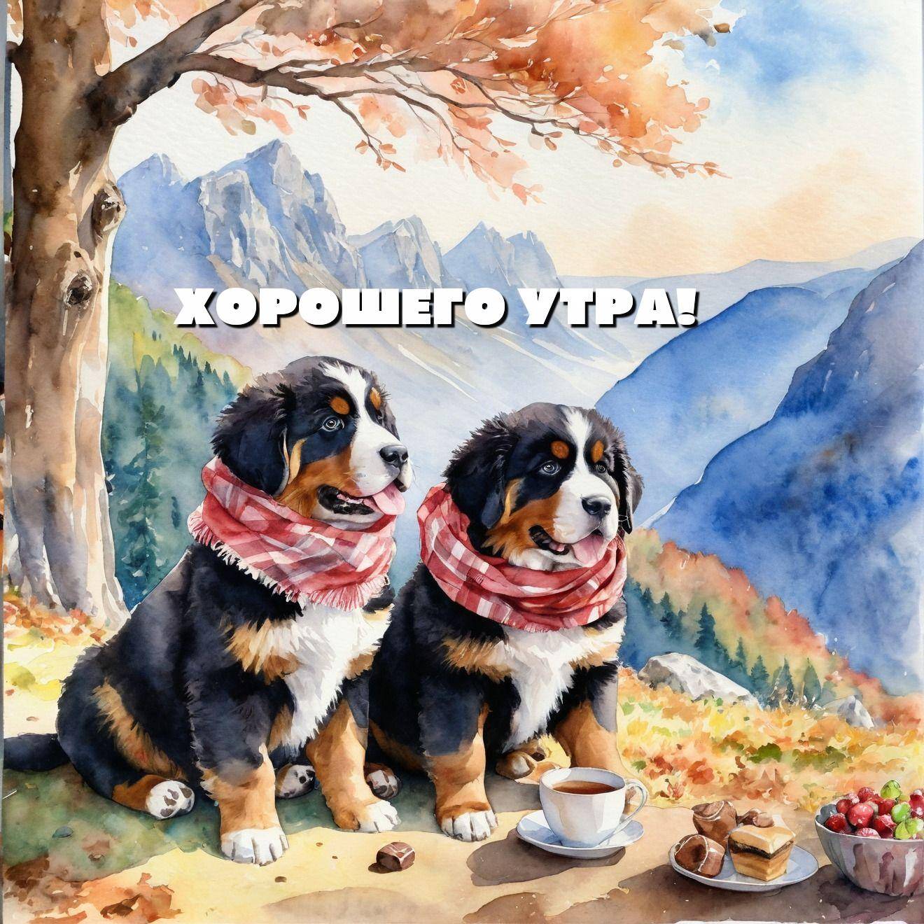 Два бернских зенненхунда в красных шарфах рядом с кофе