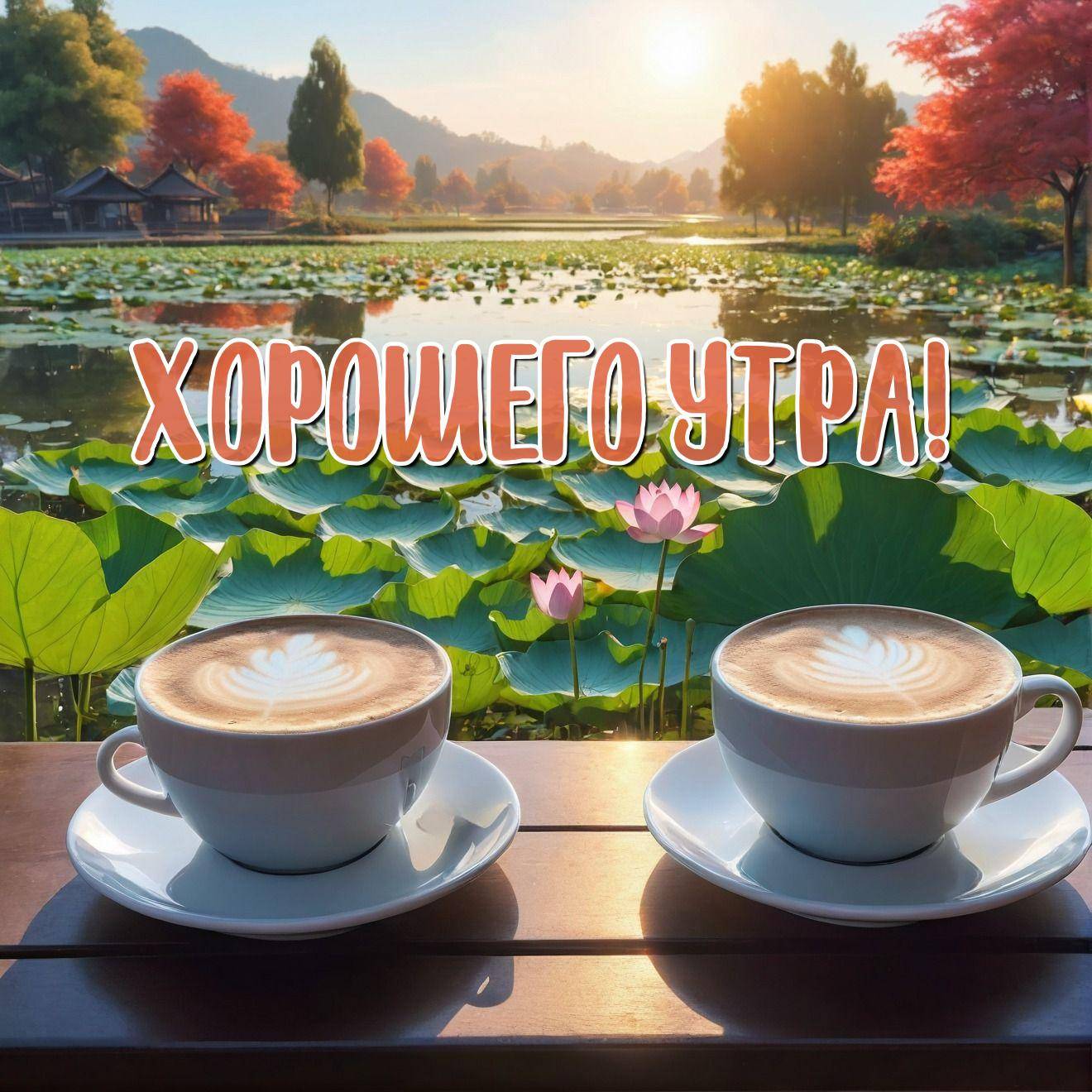 Два капучино с латте-артом на фоне осеннего пруда