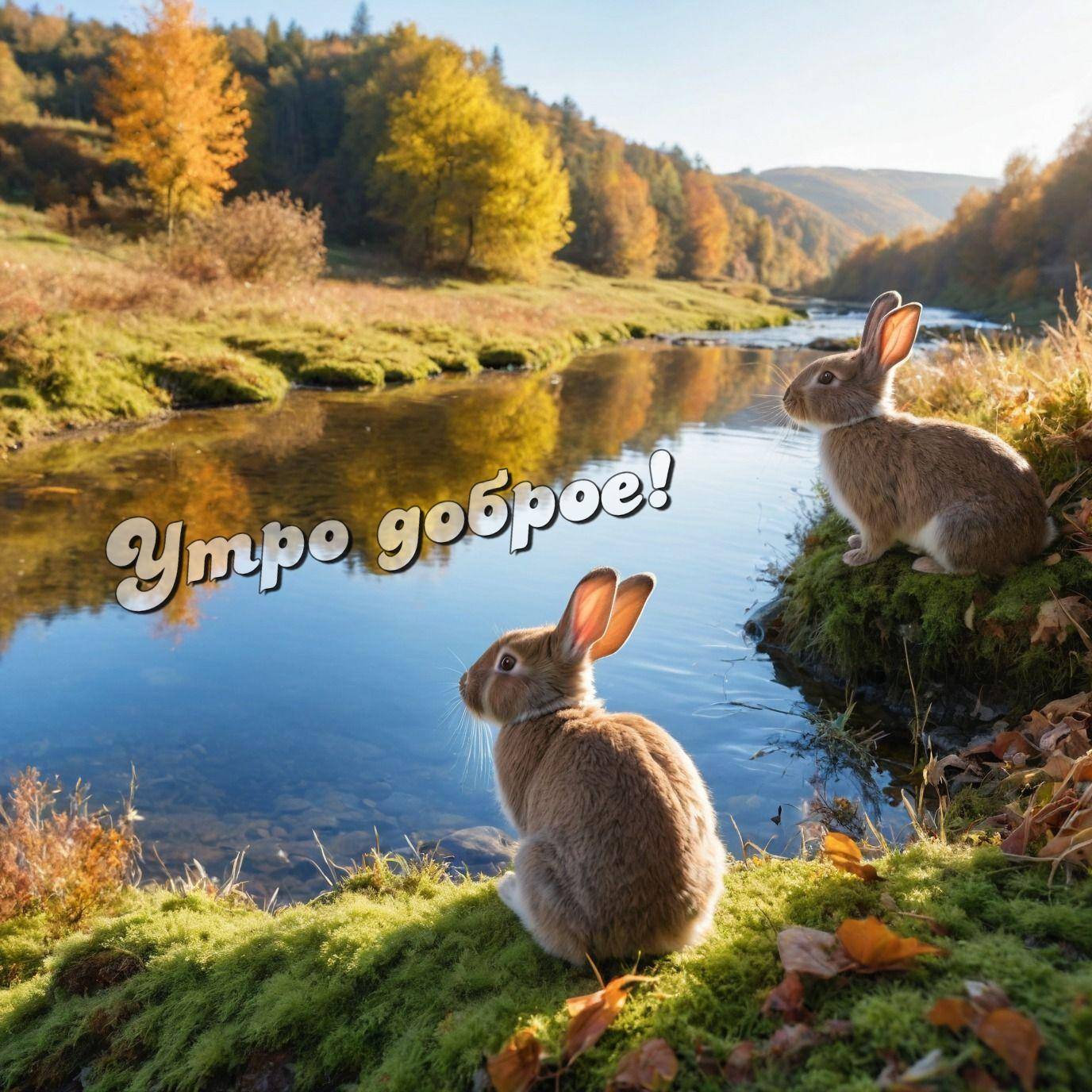 Два кролика у реки с осенними деревьями