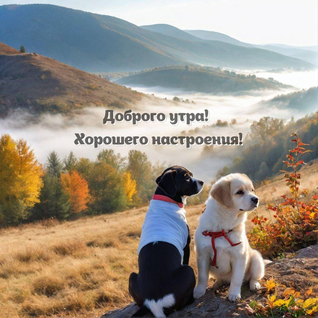 Два собаки на фоне осеннего пейзажа с туманом