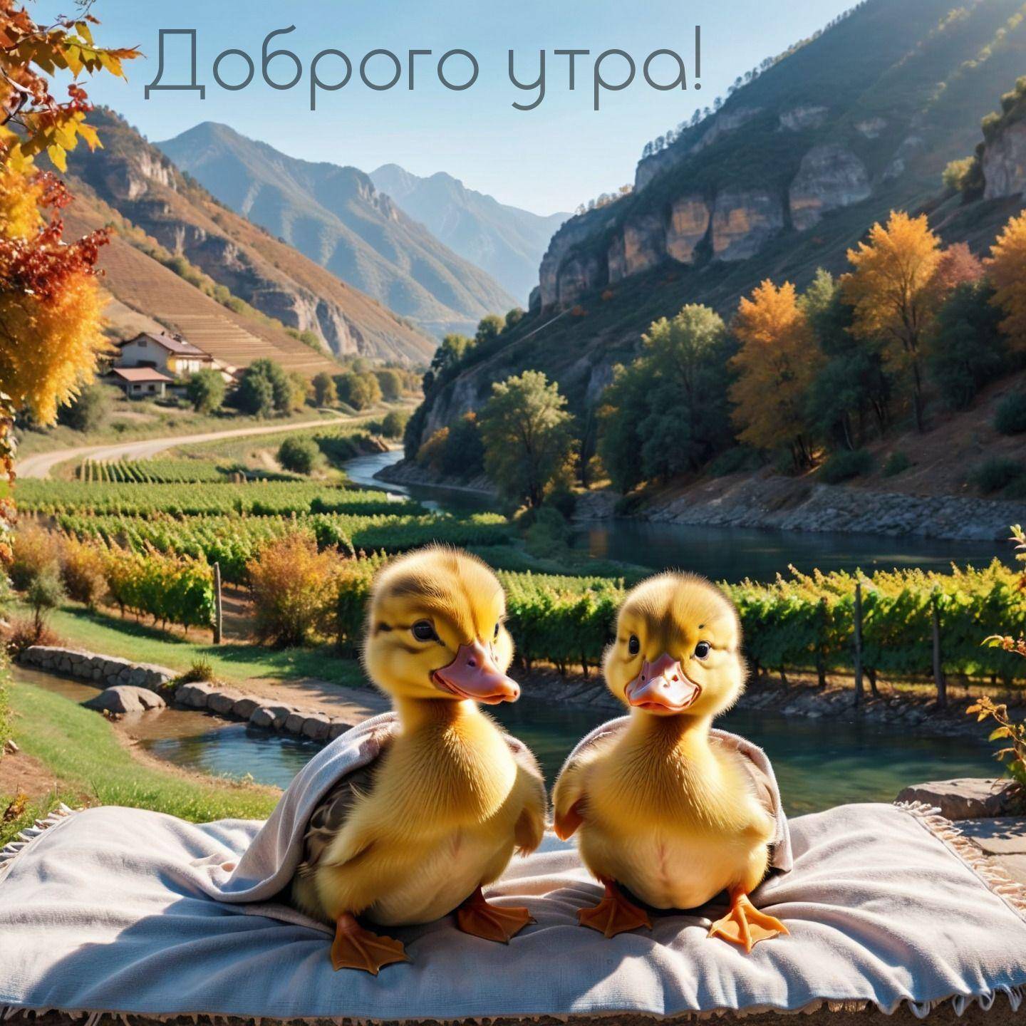 Два утенка на переднем плане, горы и река позади