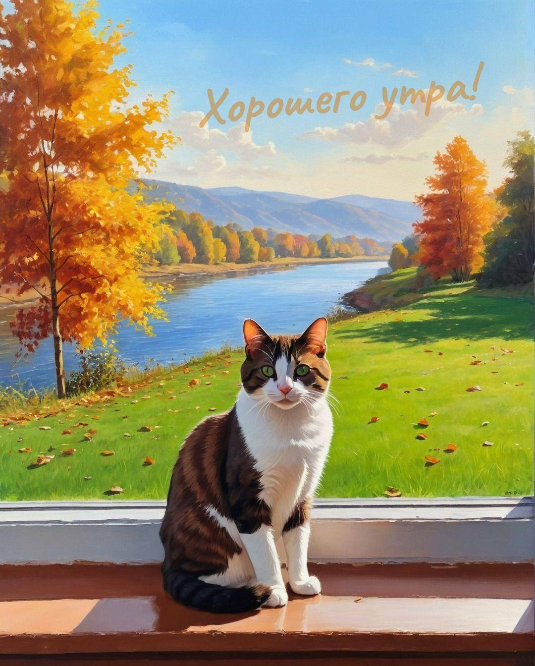 Кот на подоконнике с видом на осеннюю реку и деревья