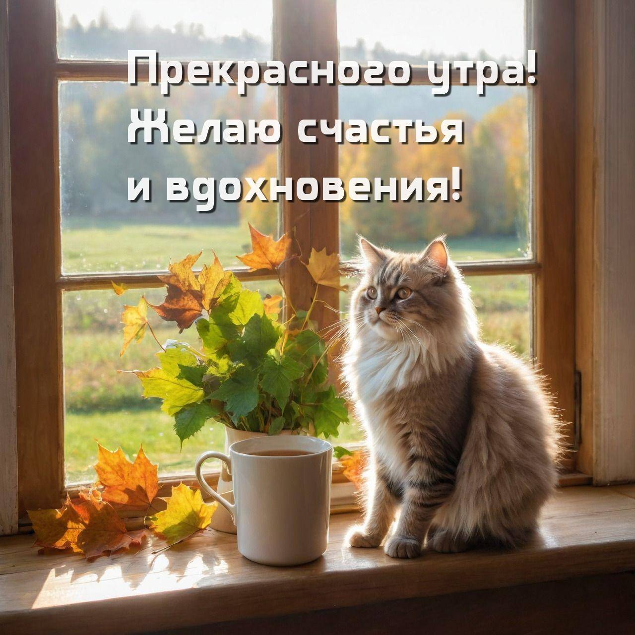Кот смотрит в окно, рядом кружка и осенние листья