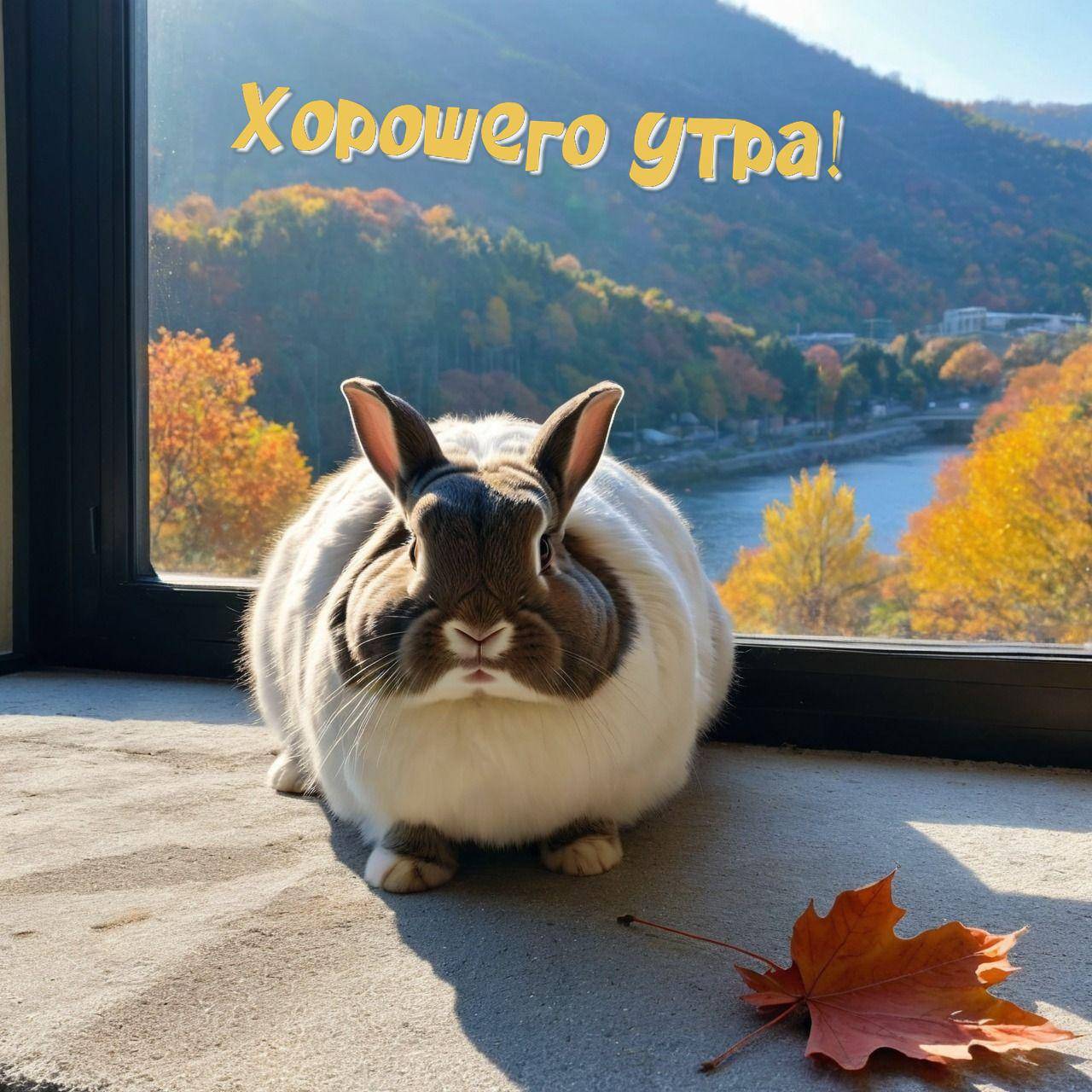 Кролик сидит у окна, осенние листья, горы вдалеке