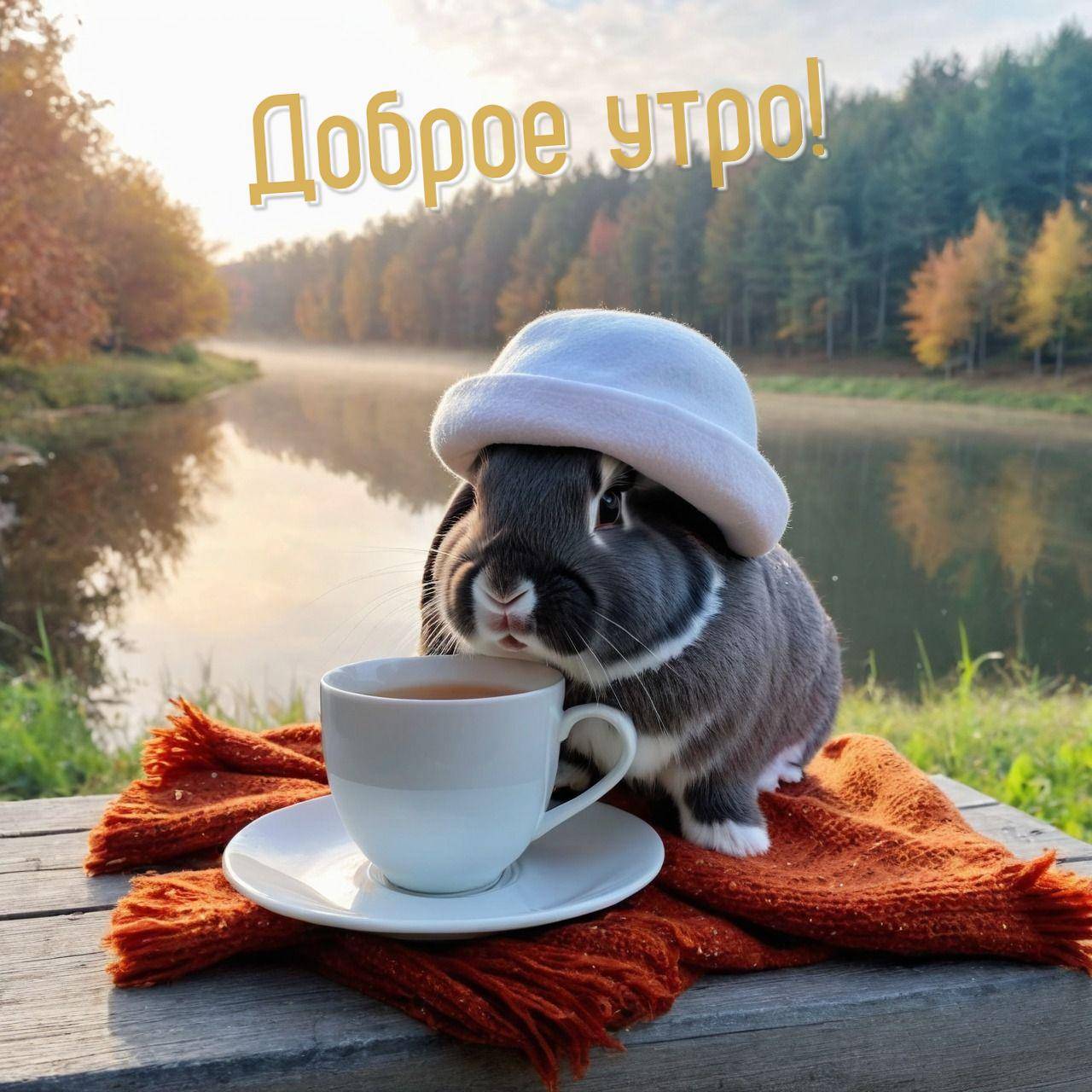 Кролик в берете с чашкой на фоне осеннего леса и озера
