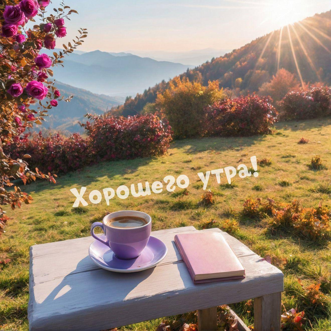 Кружка кофе и блокнот на столе среди цветущей природы