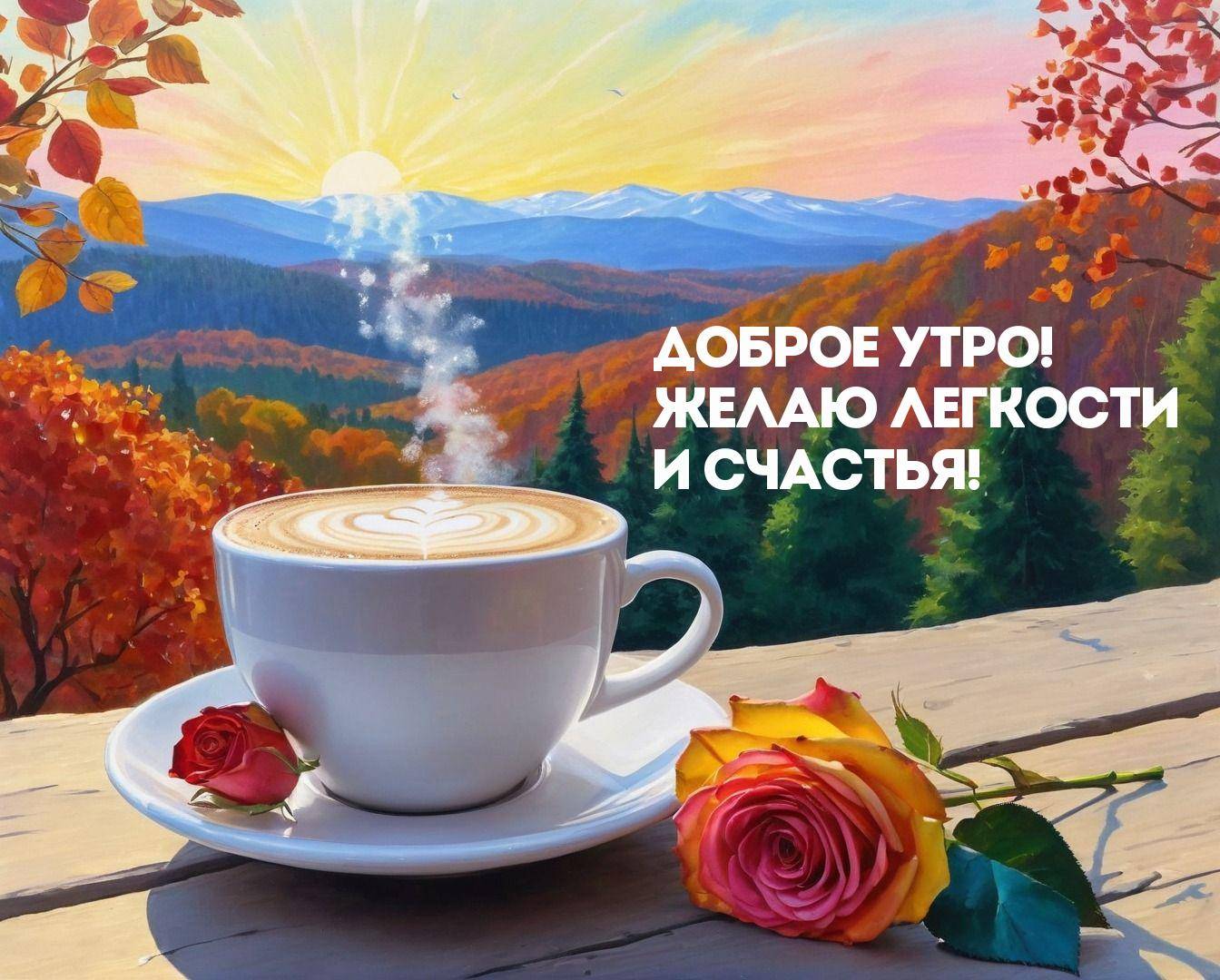 Кружка кофе с латте-артом на фоне осеннего леса