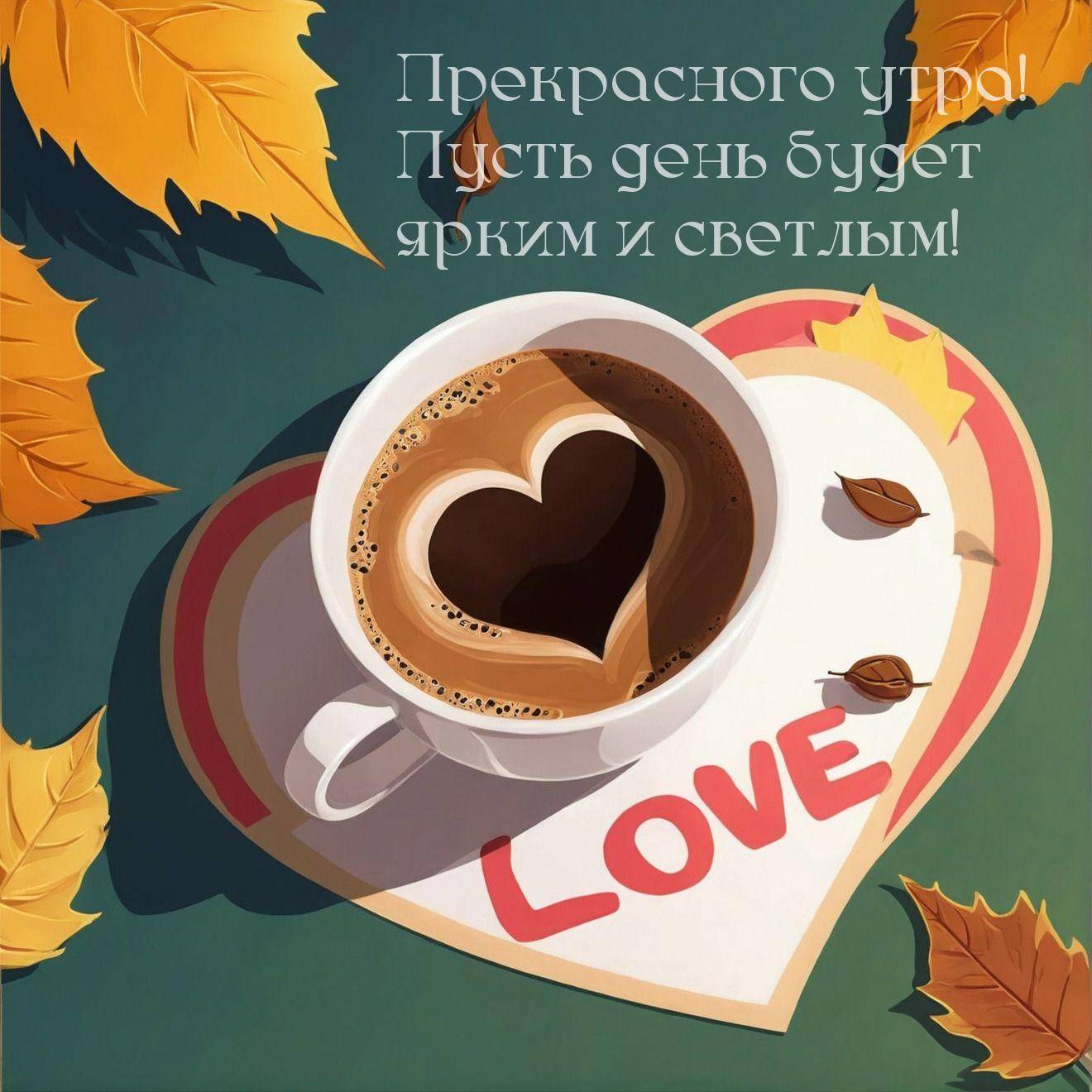 Кружка кофе с сердцем, желтые листья, надпись LOVE