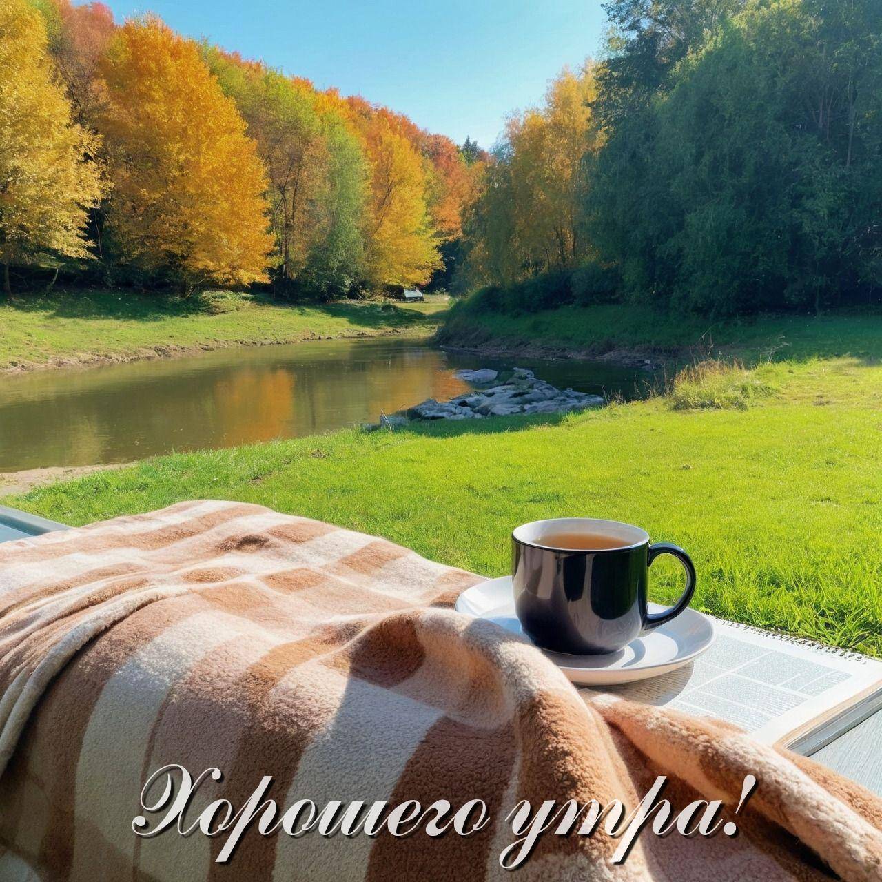 Кружка на столе рядом с пледом и книгой