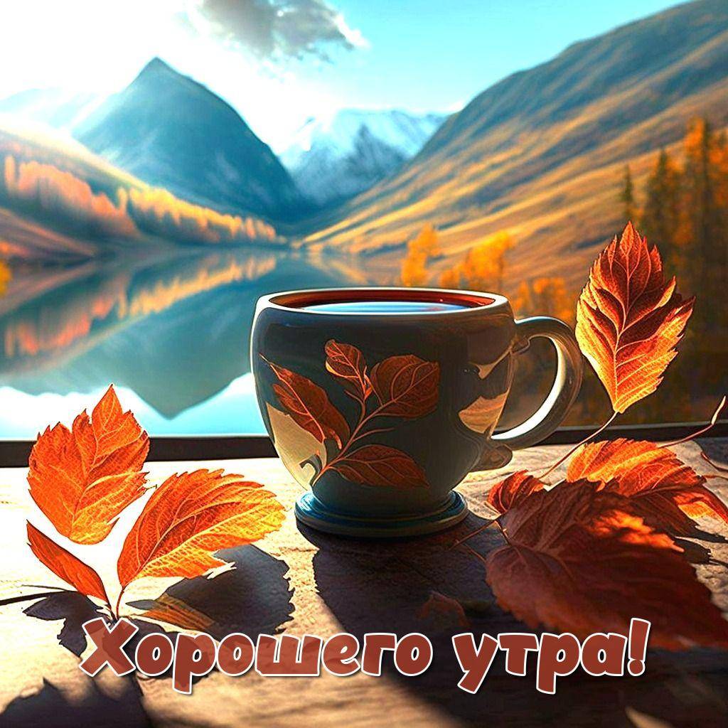 Кружка с листьями на фоне озера и гор