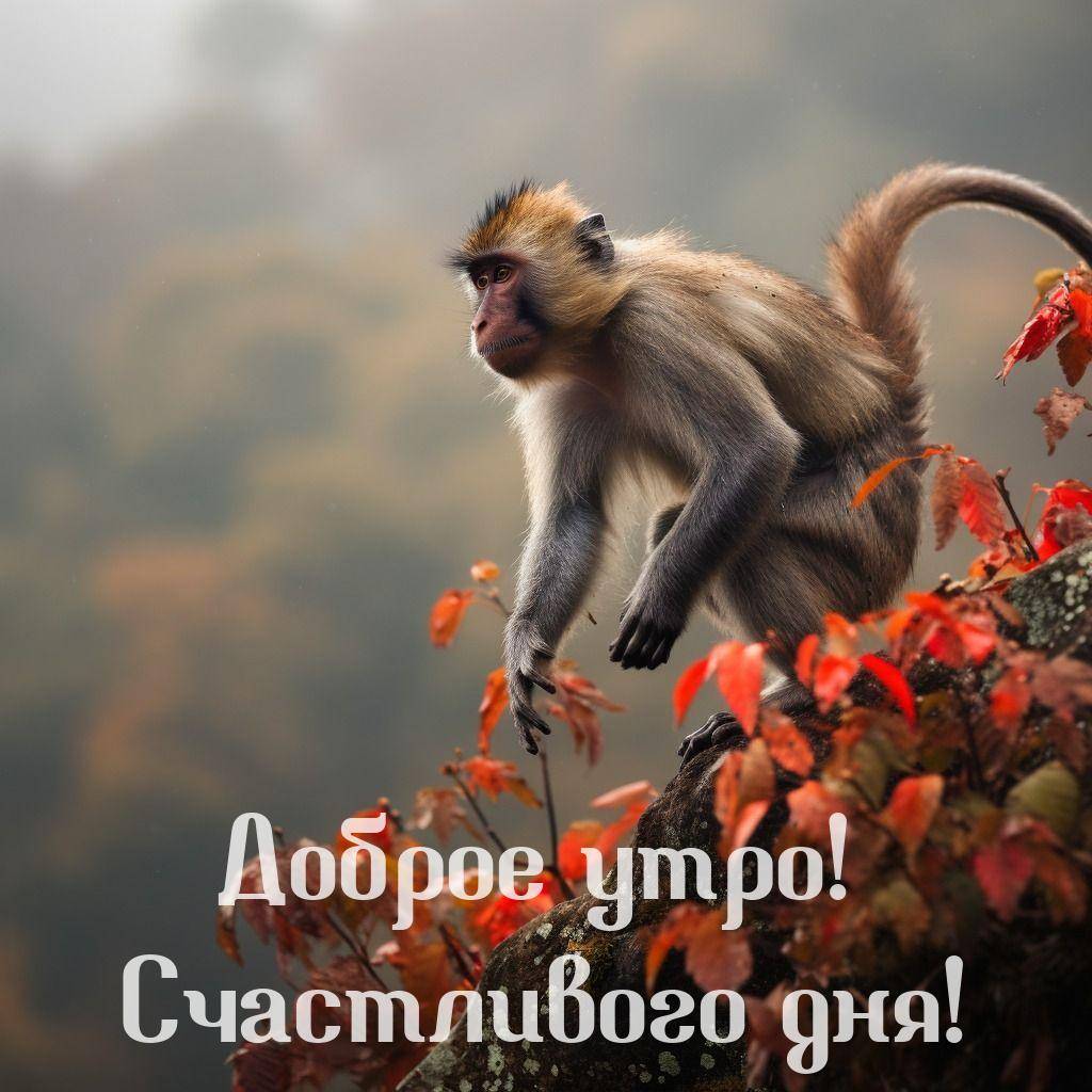 Обезьяна на камне среди красных листьев, туманный лес позади