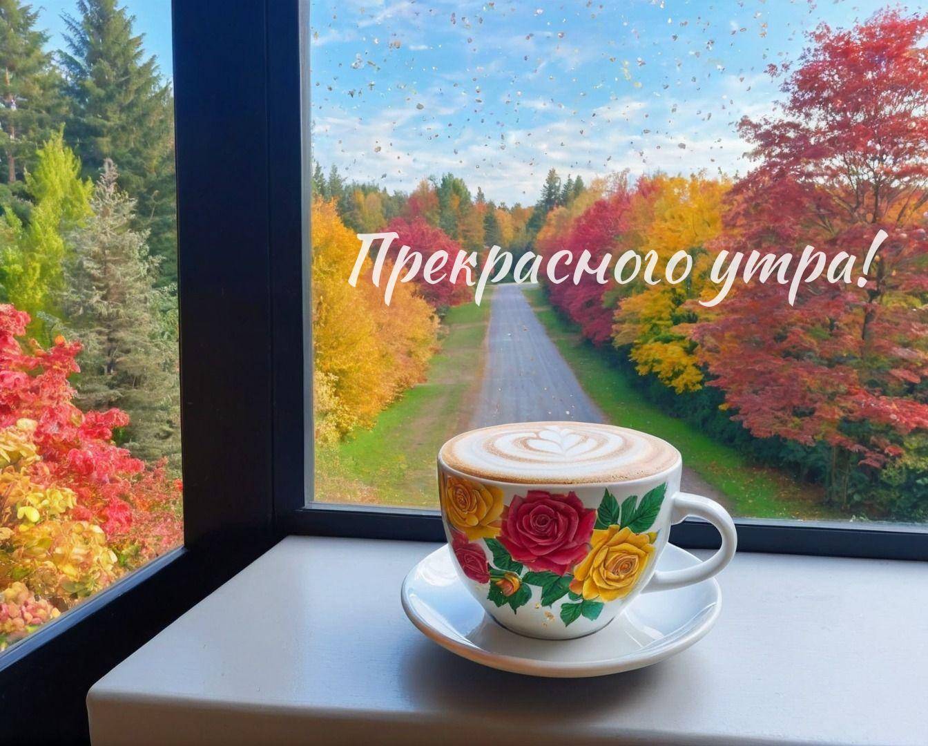 Окно с видом на осенний парк и чашка кофе