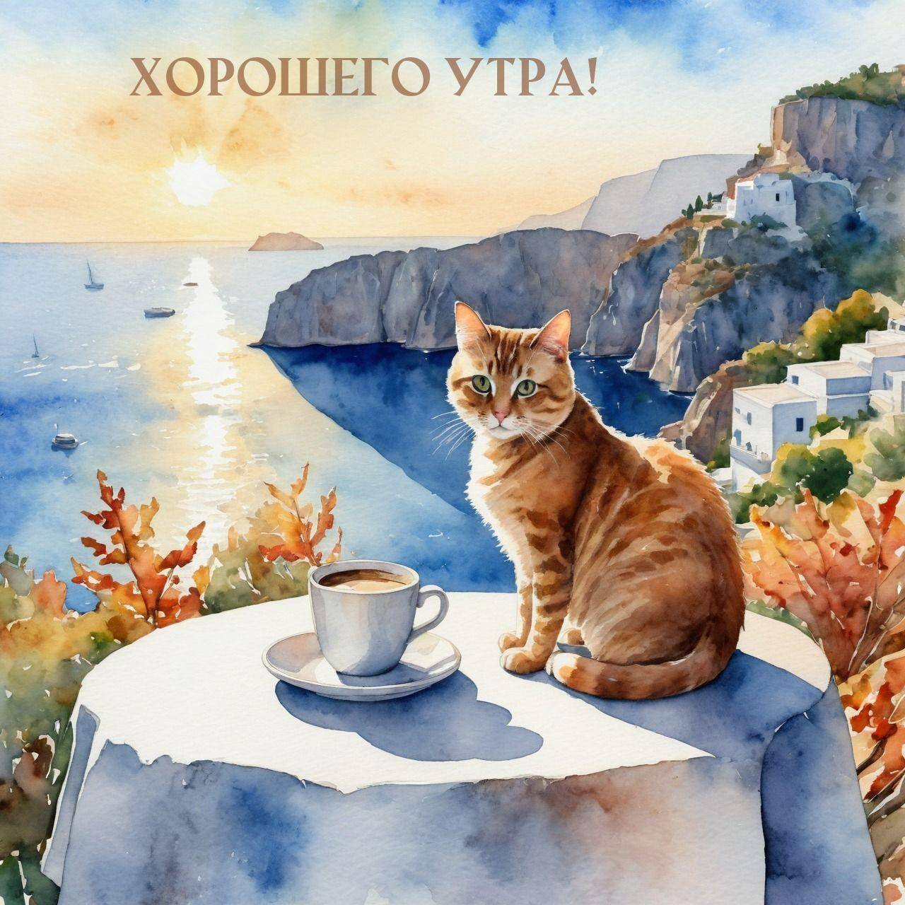 Оранжевый кот смотрит на морской пейзаж