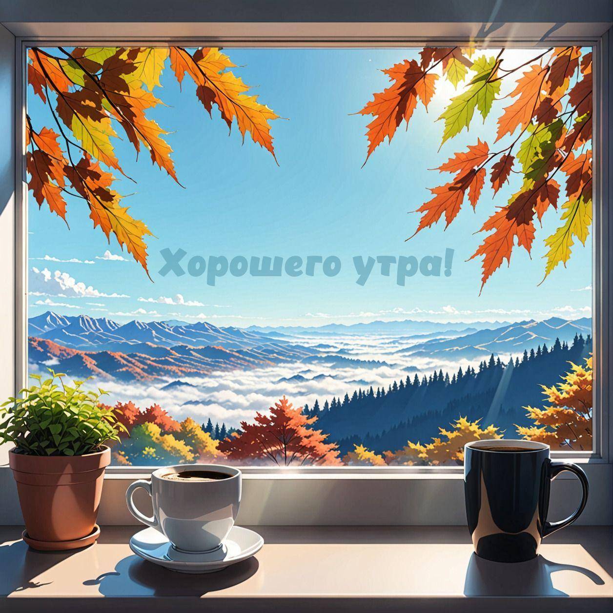 Осенние листья на окне с видом на холмы и горы