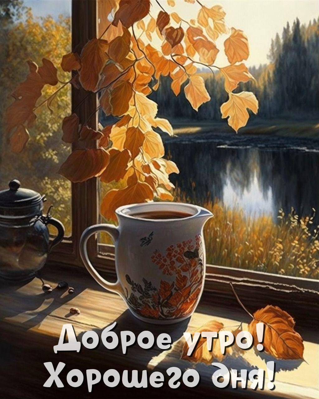 Осенние листья на подоконнике, чашка чая, вид на озеро